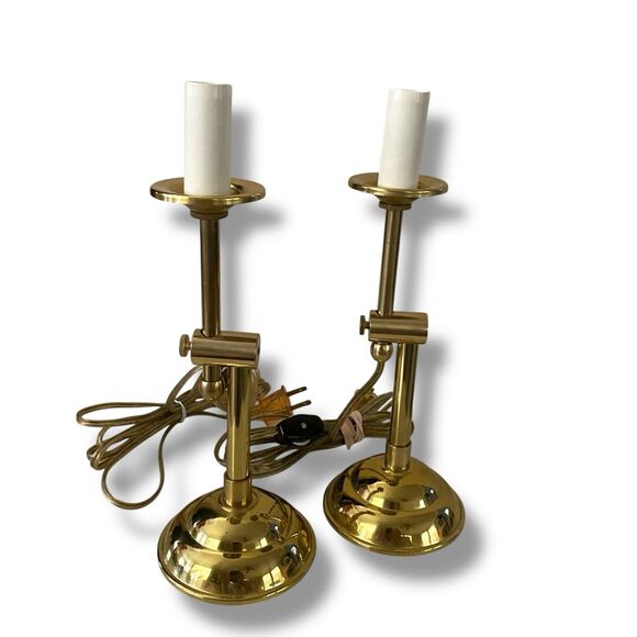 Vintage Mid Century Brass Adjustable Height Height Table Lamps Set Two 10” Small - Picture 1 of 10